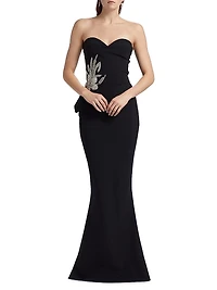 Grenawa Floral Beaded Strapless Gown