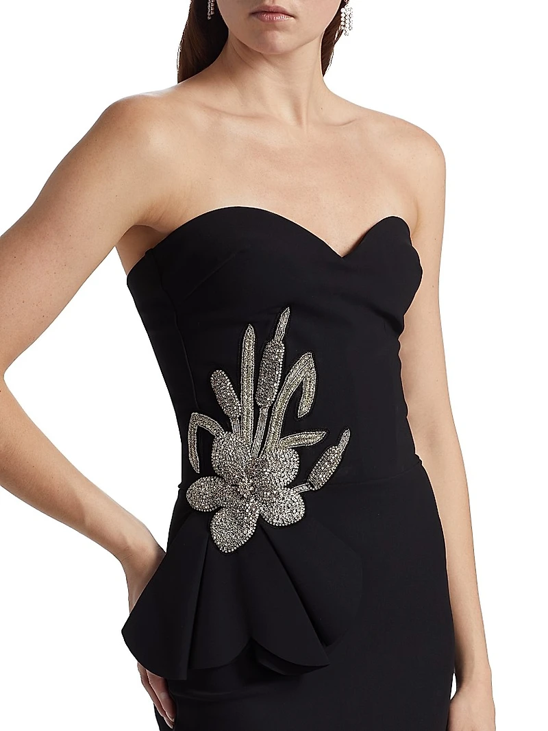 Grenawa Floral Beaded Strapless Gown