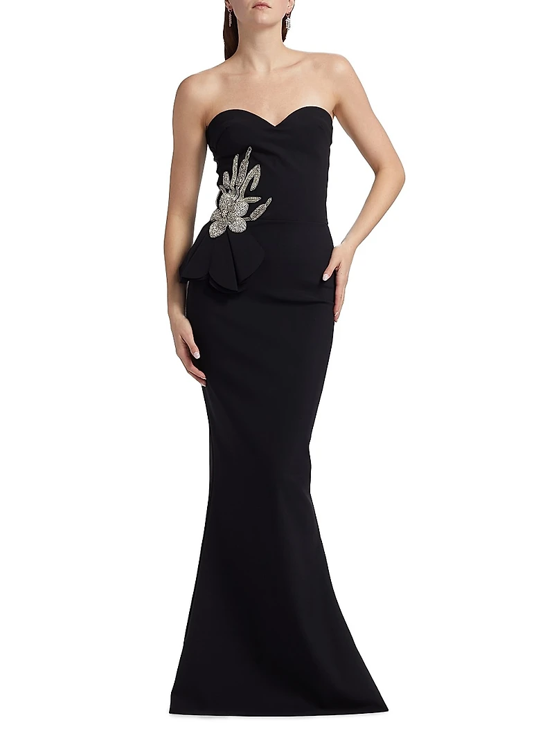 Grenawa Floral Beaded Strapless Gown