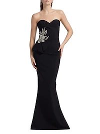 Grenawa Floral Beaded Strapless Gown