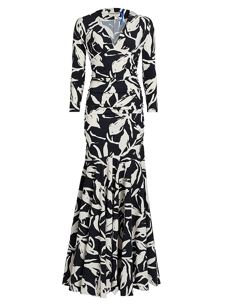 Riensen Floral Ruched V-Neck Gown