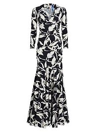 Riensen Floral Ruched V-Neck Gown