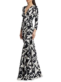 Riensen Floral Ruched V-Neck Gown