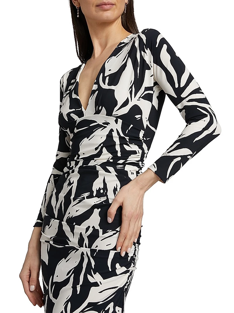 Riensen Floral Ruched V-Neck Gown