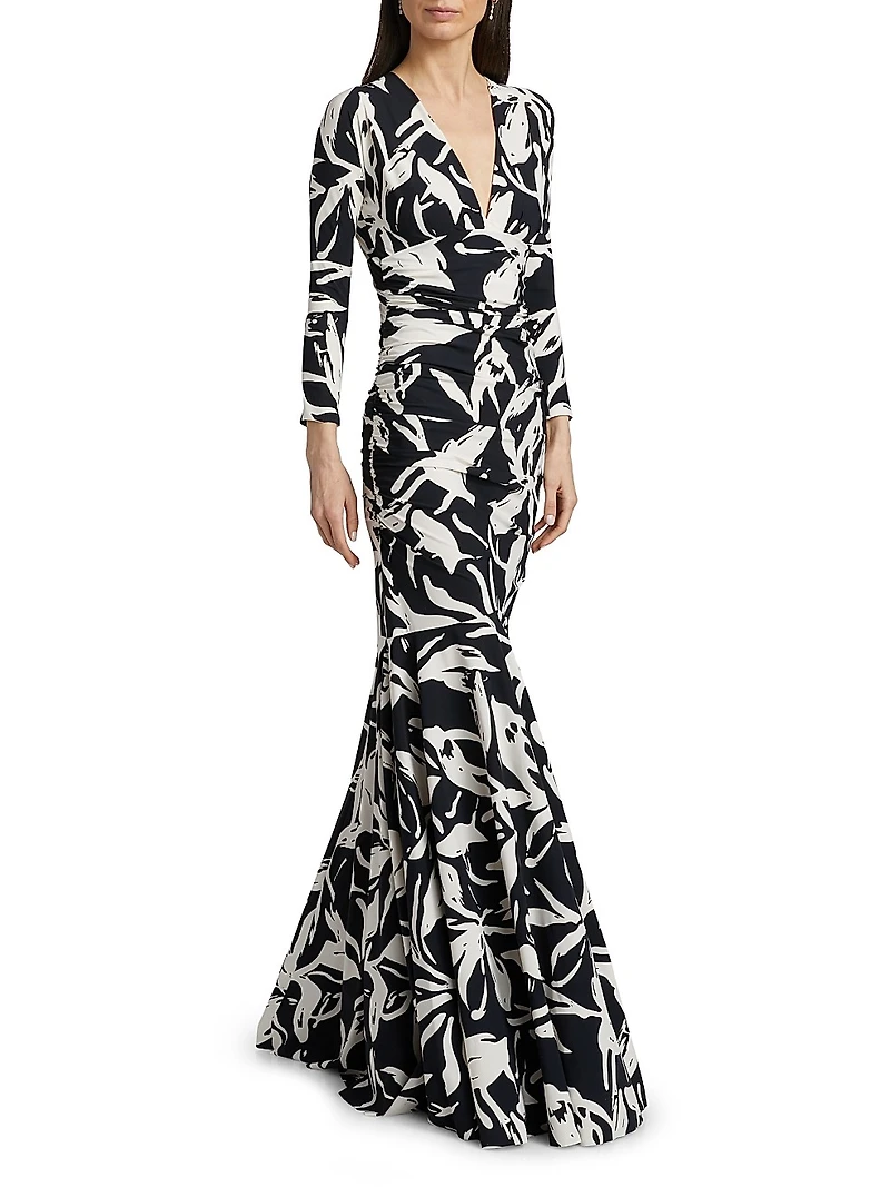 Riensen Floral Ruched V-Neck Gown