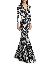 Riensen Floral Ruched V-Neck Gown