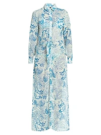 Underwater Gathered-Waist Maxi Shirtdress