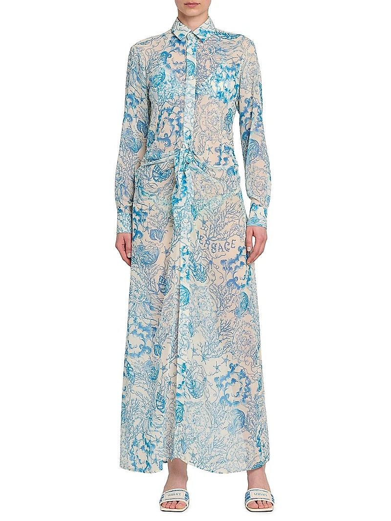 Underwater Gathered-Waist Maxi Shirtdress