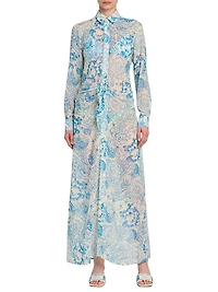 Underwater Gathered-Waist Maxi Shirtdress