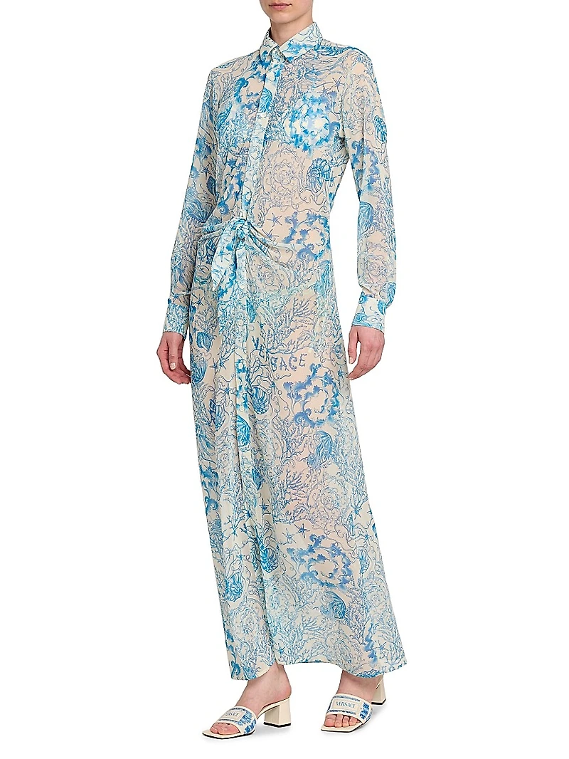 Underwater Gathered-Waist Maxi Shirtdress