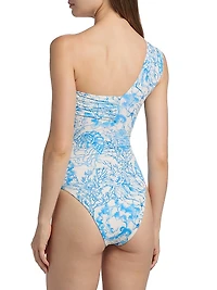 Saftety Pin Printed One-Shoulder One-Piece Swimsuit