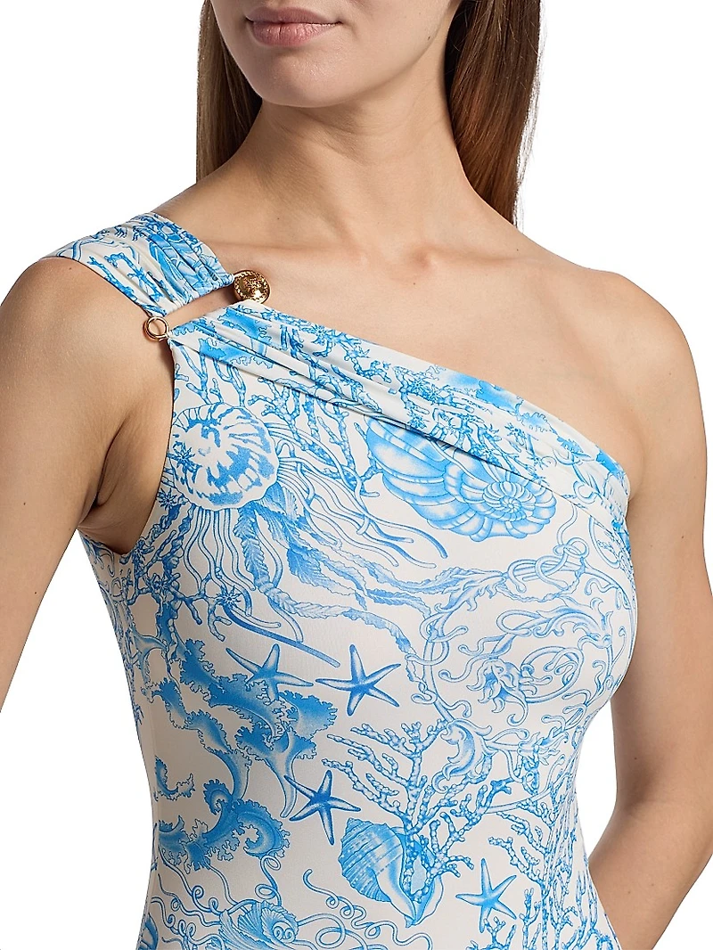 Saftety Pin Printed One-Shoulder One-Piece Swimsuit