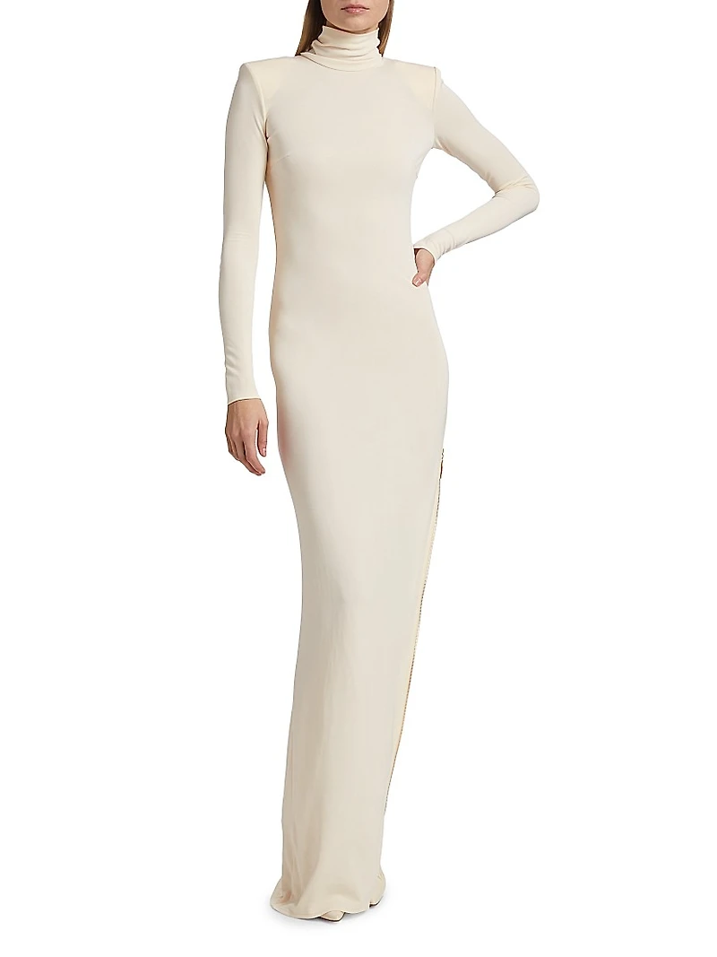 Crepe Jersey Turtleneck Maxi Dress