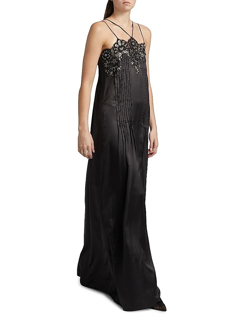 Lace Embellished Pleated Gown