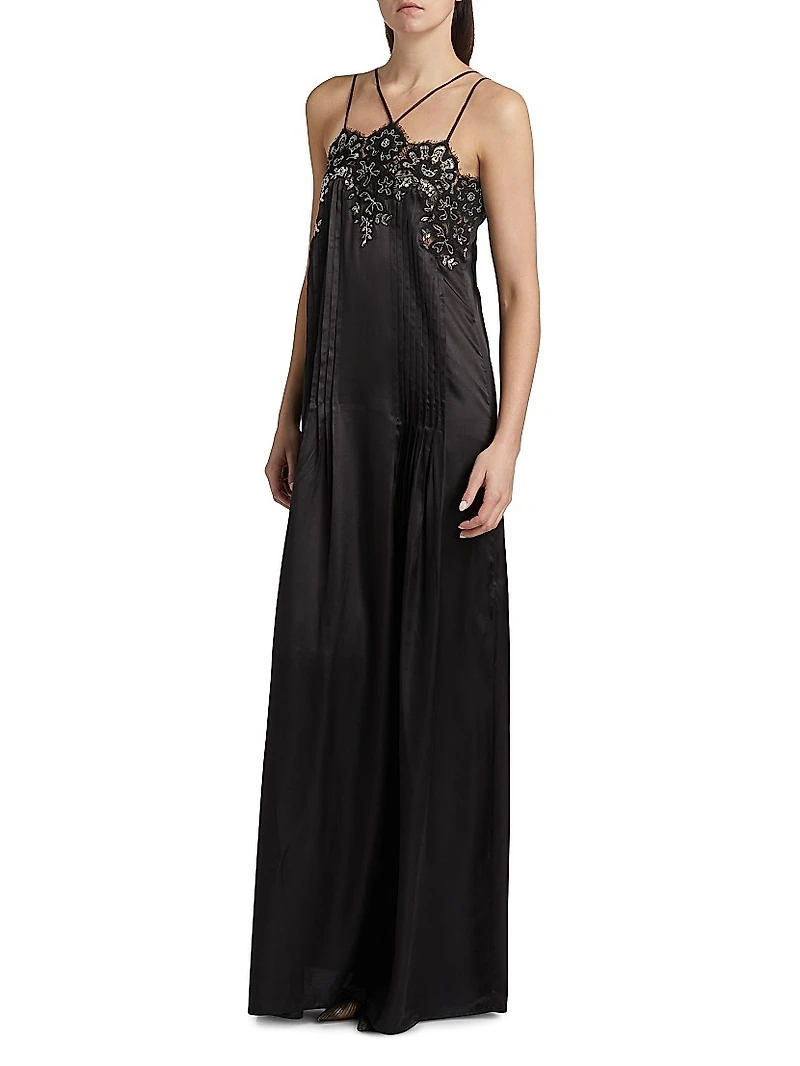 Lace Embellished Pleated Gown
