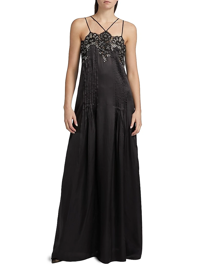Lace Embellished Pleated Gown