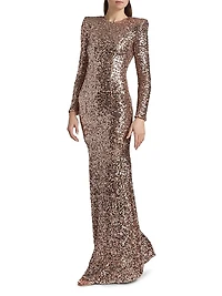 Sequined Long-Sleeve Gown