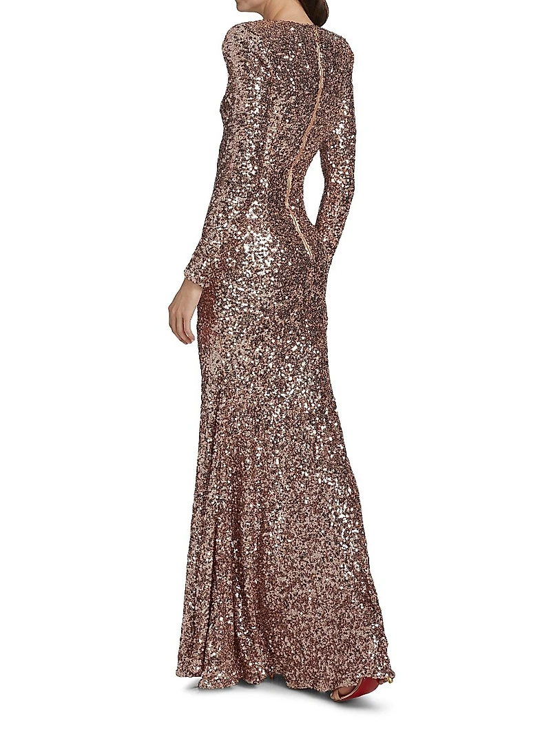 Sequined Long-Sleeve Gown