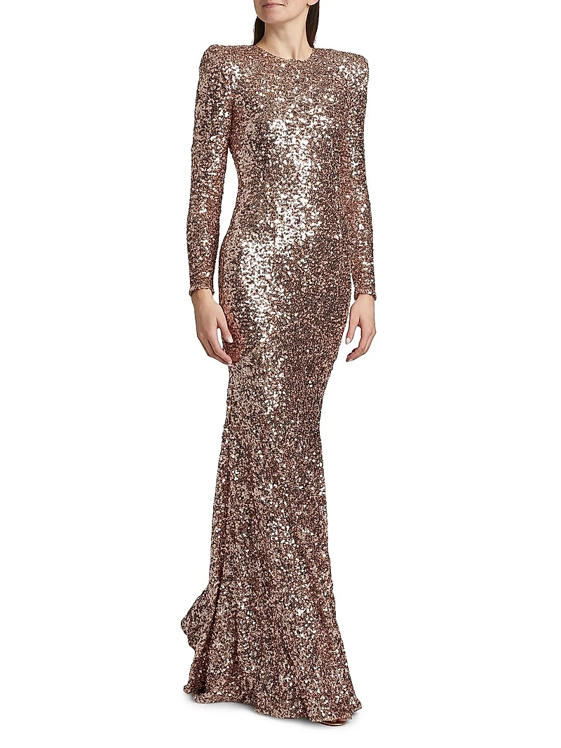 Sequined Long-Sleeve Gown