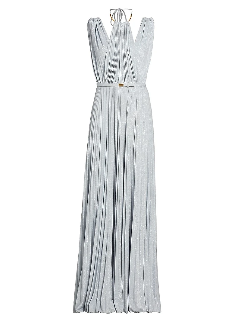 Red Carpet Metallic Jersey Belted Gown