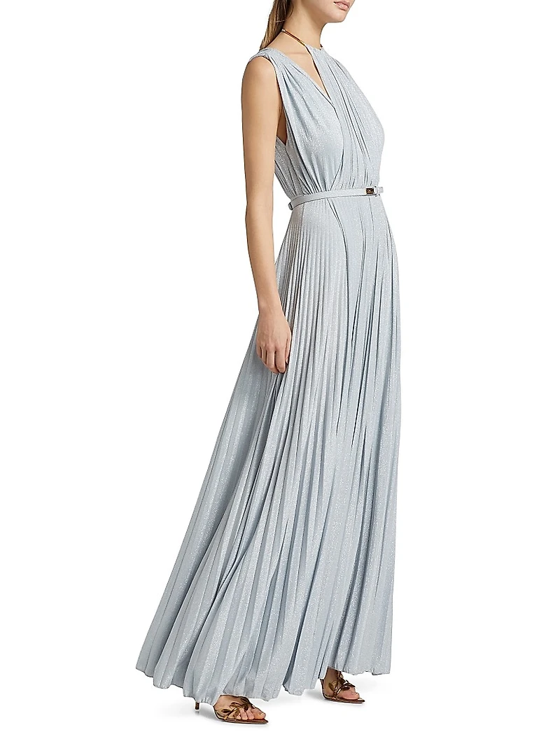 Red Carpet Metallic Jersey Belted Gown