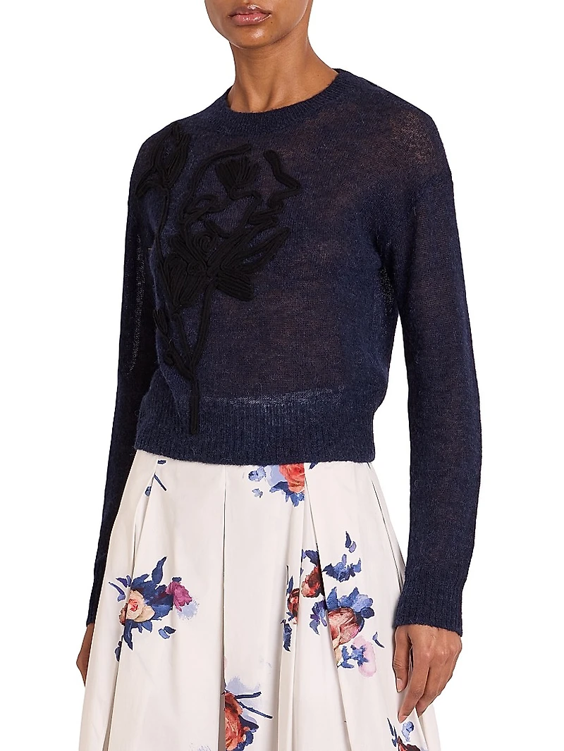 Floral Embroidered Knit Crewneck Sweater