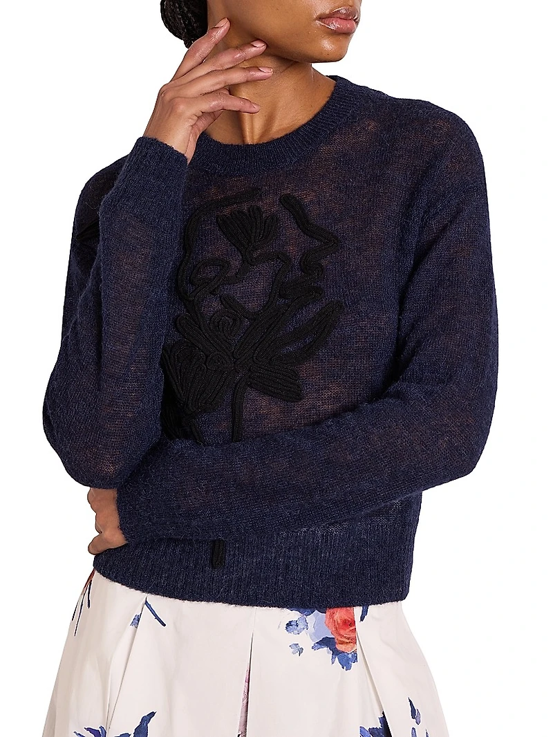 Floral Embroidered Knit Crewneck Sweater