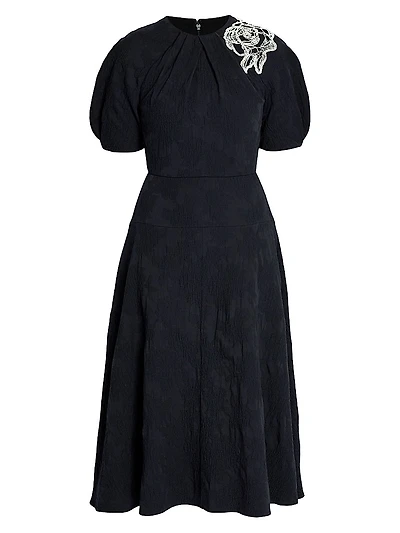 Lace Appliqué Crinkled Midi-Dress