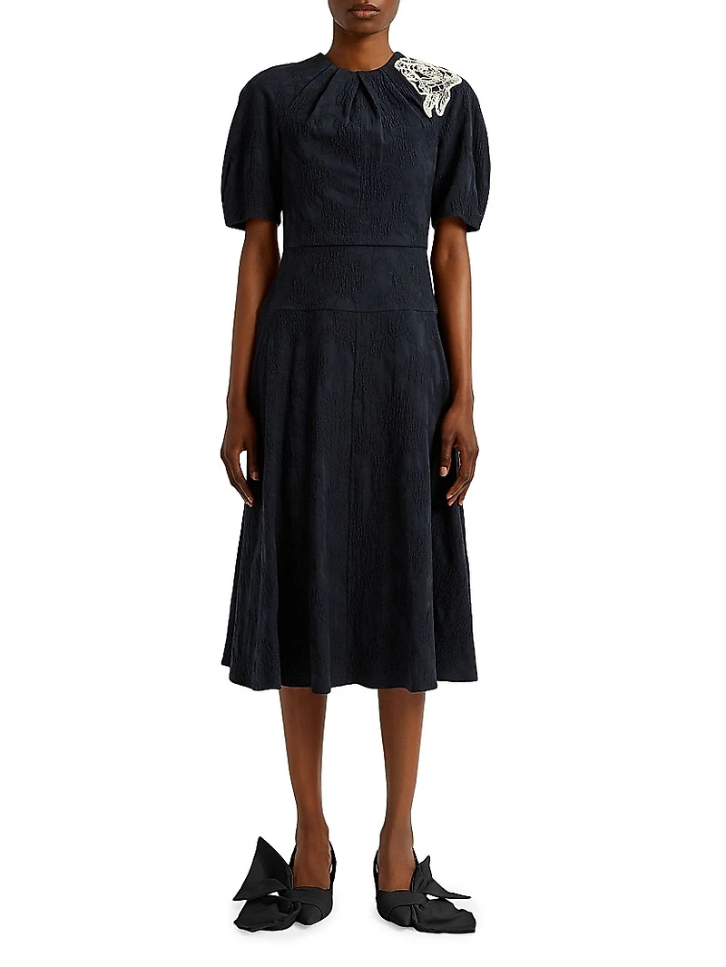 Lace Appliqué Crinkled Midi-Dress