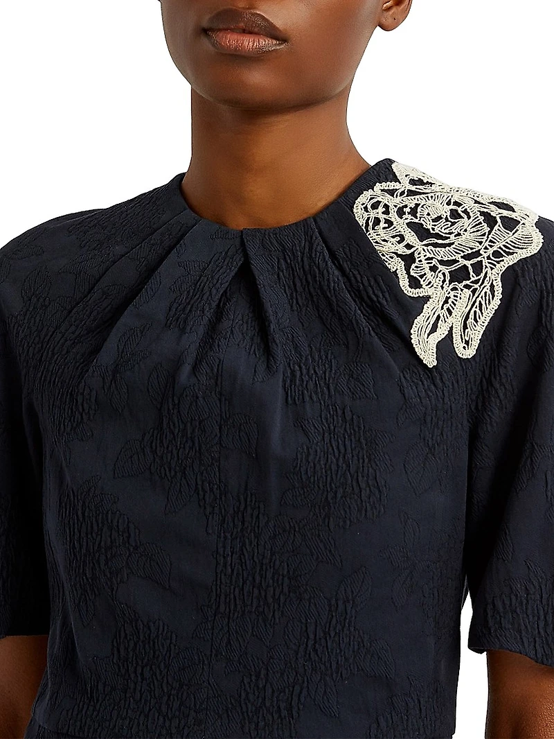Lace Appliqué Crinkled Midi-Dress