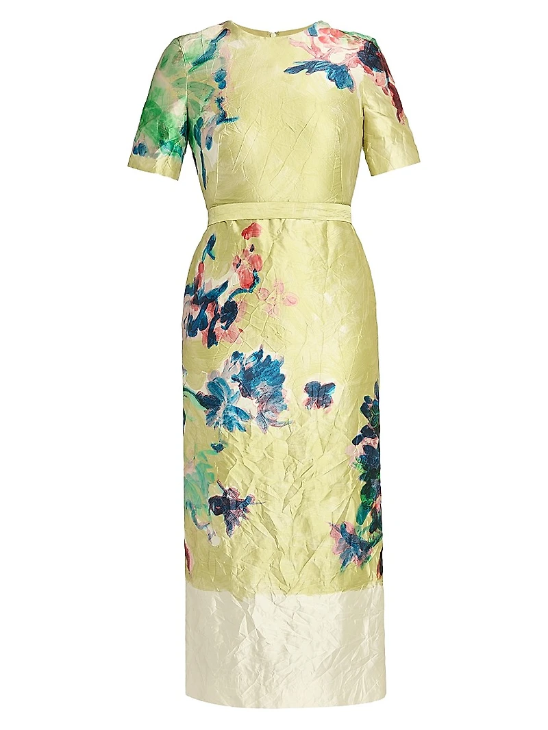 Floral Crinkled Metallic Cocktail Dress
