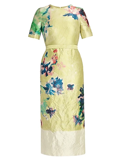 Floral Crinkled Metallic Cocktail Dress