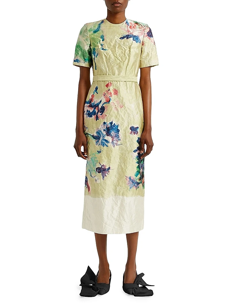 Floral Crinkled Metallic Cocktail Dress