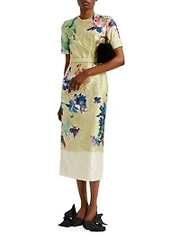 Floral Crinkled Metallic Cocktail Dress