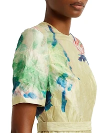 Floral Crinkled Metallic Cocktail Dress