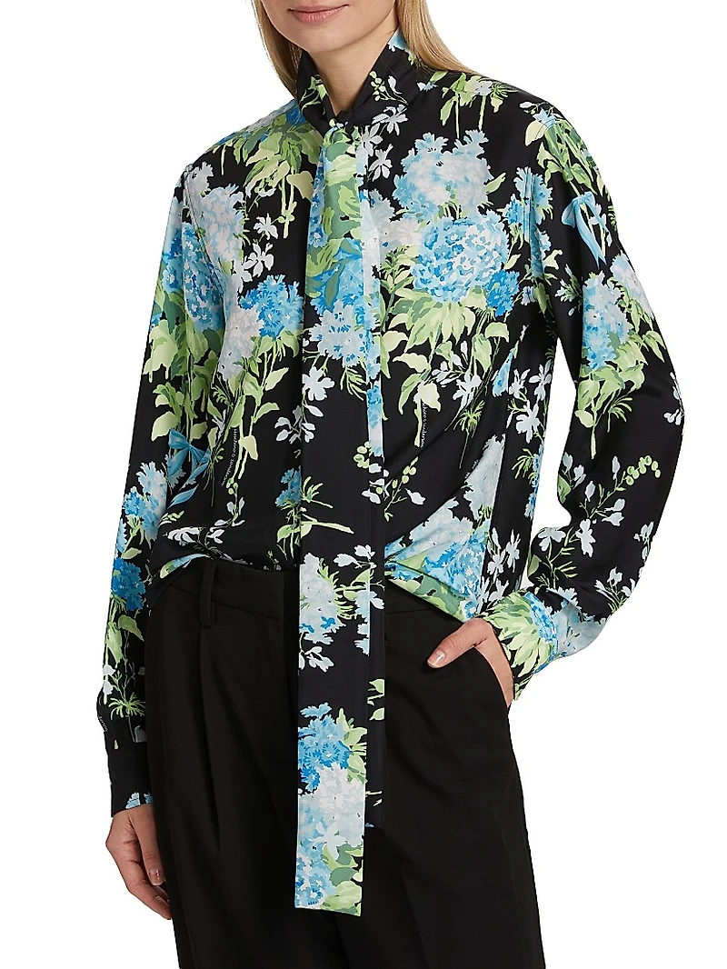 Floral Silk Tie-Neck Blouse