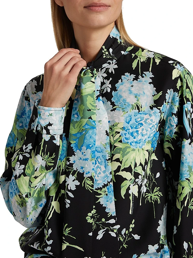 Floral Silk Tie-Neck Blouse