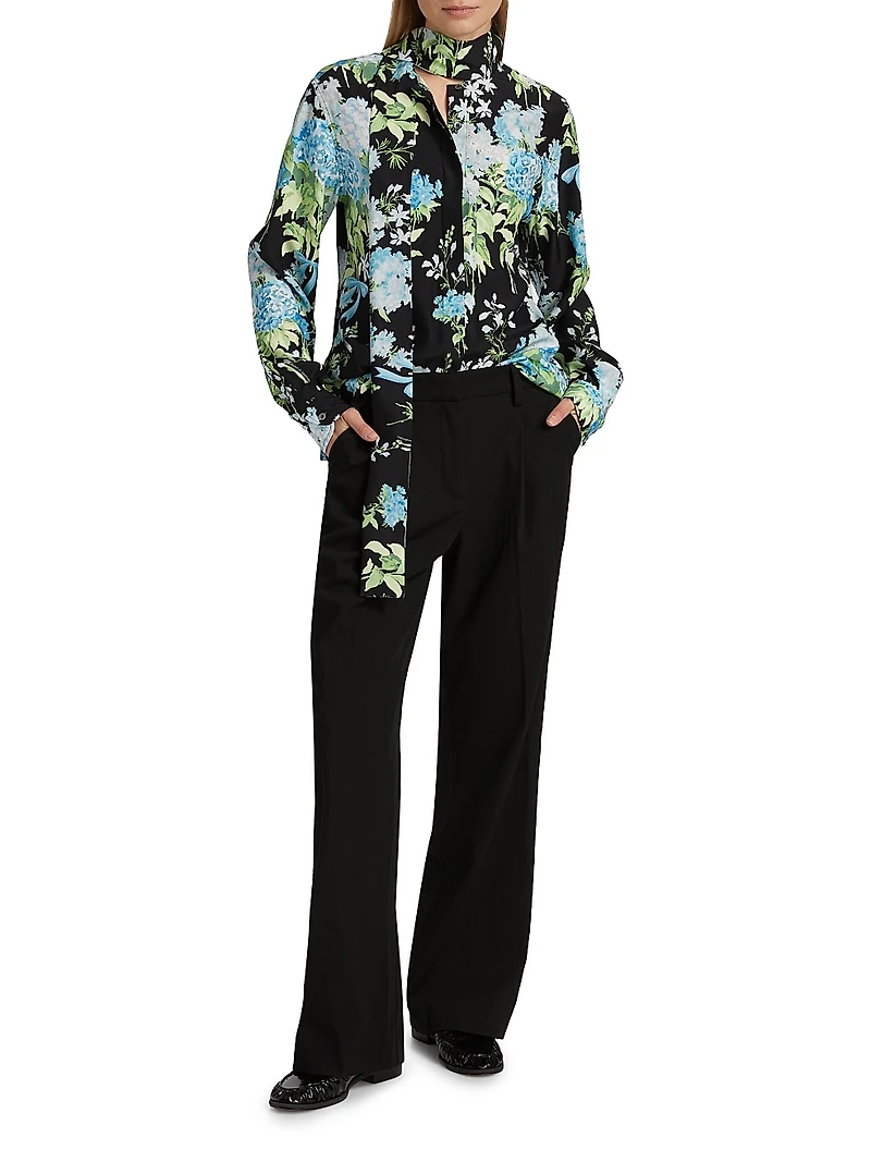 Floral Silk Tie-Neck Blouse