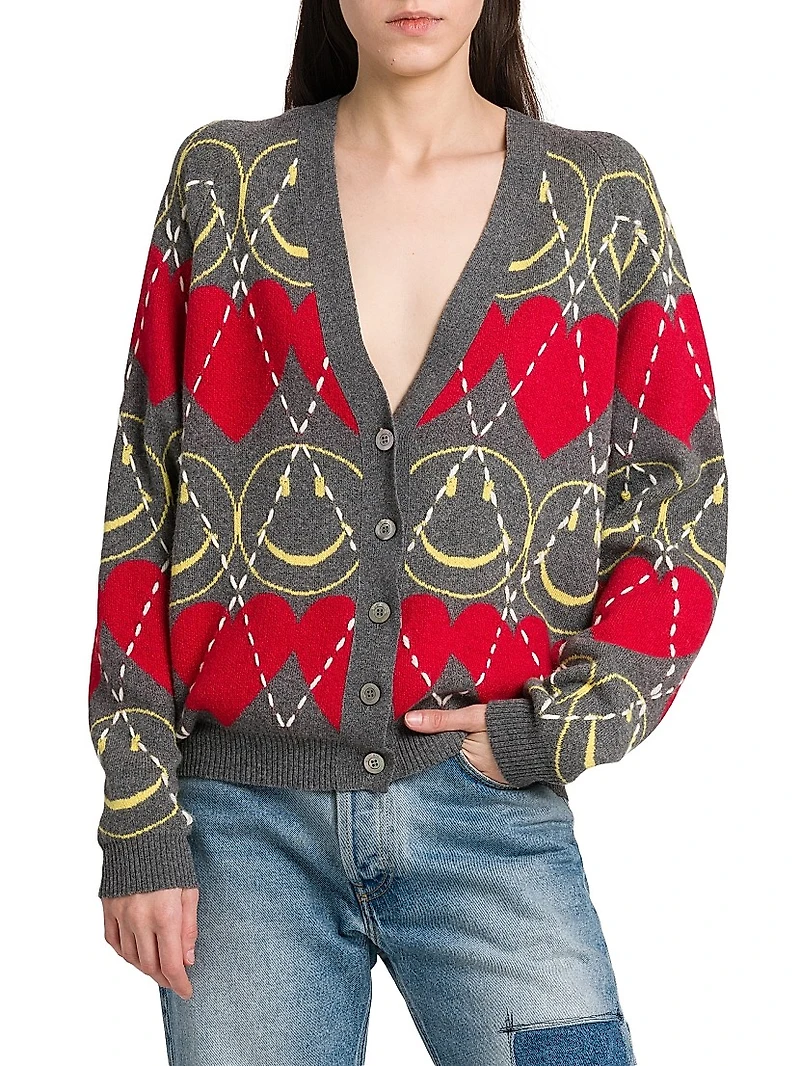 Smile-Heart Argyle Cardigan