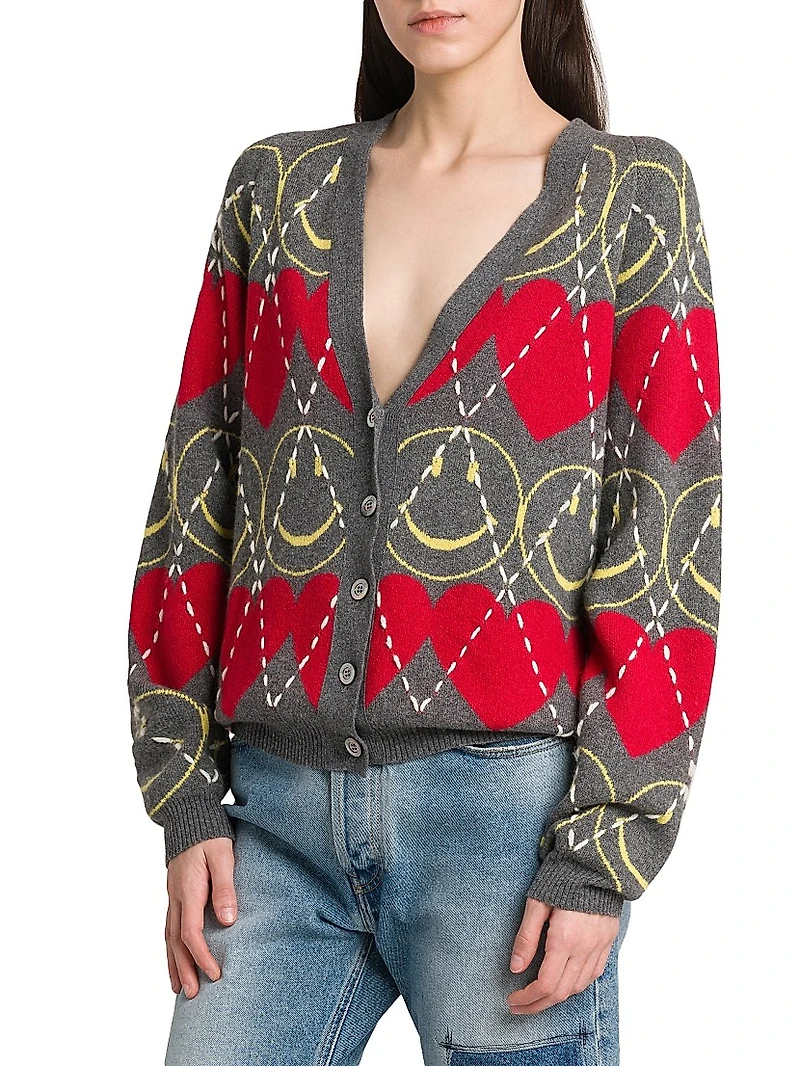 Smile-Heart Argyle Cardigan