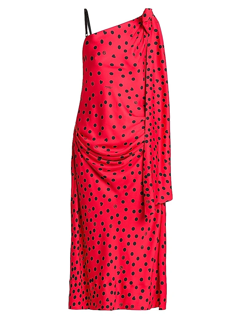 Polka Dot Bow One-Shoulder Midi-Dress