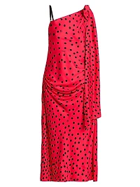 Polka Dot Bow One-Shoulder Midi-Dress