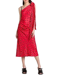 Polka Dot Bow One-Shoulder Midi-Dress