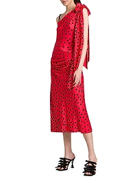 Polka Dot Bow One-Shoulder Midi-Dress