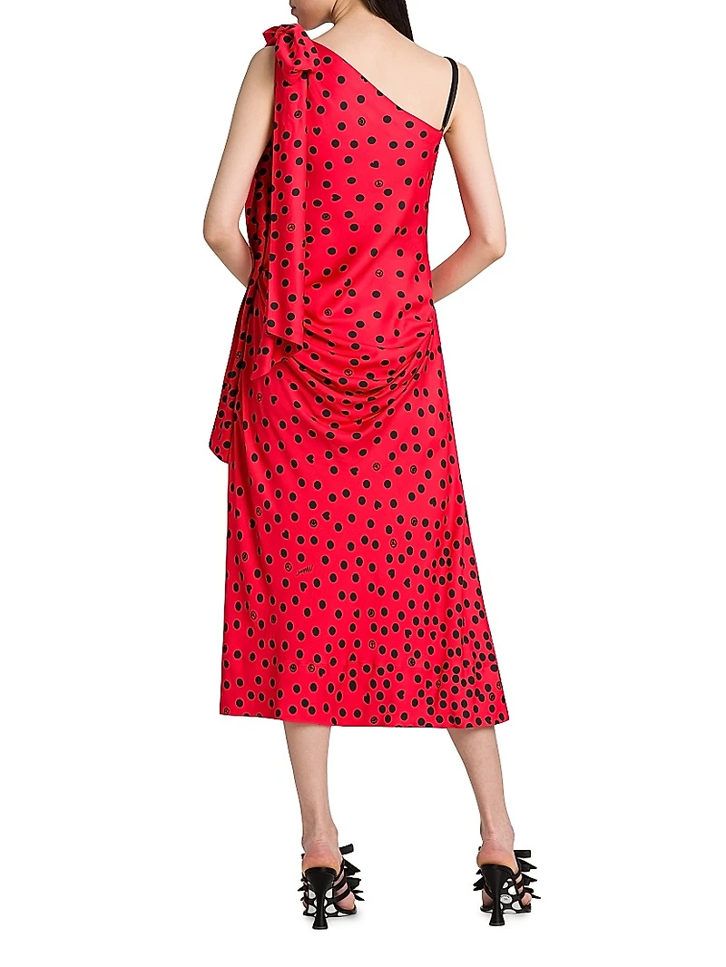 Polka Dot Bow One-Shoulder Midi-Dress