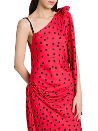 Polka Dot Bow One-Shoulder Midi-Dress