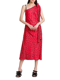 Polka Dot Bow One-Shoulder Midi-Dress