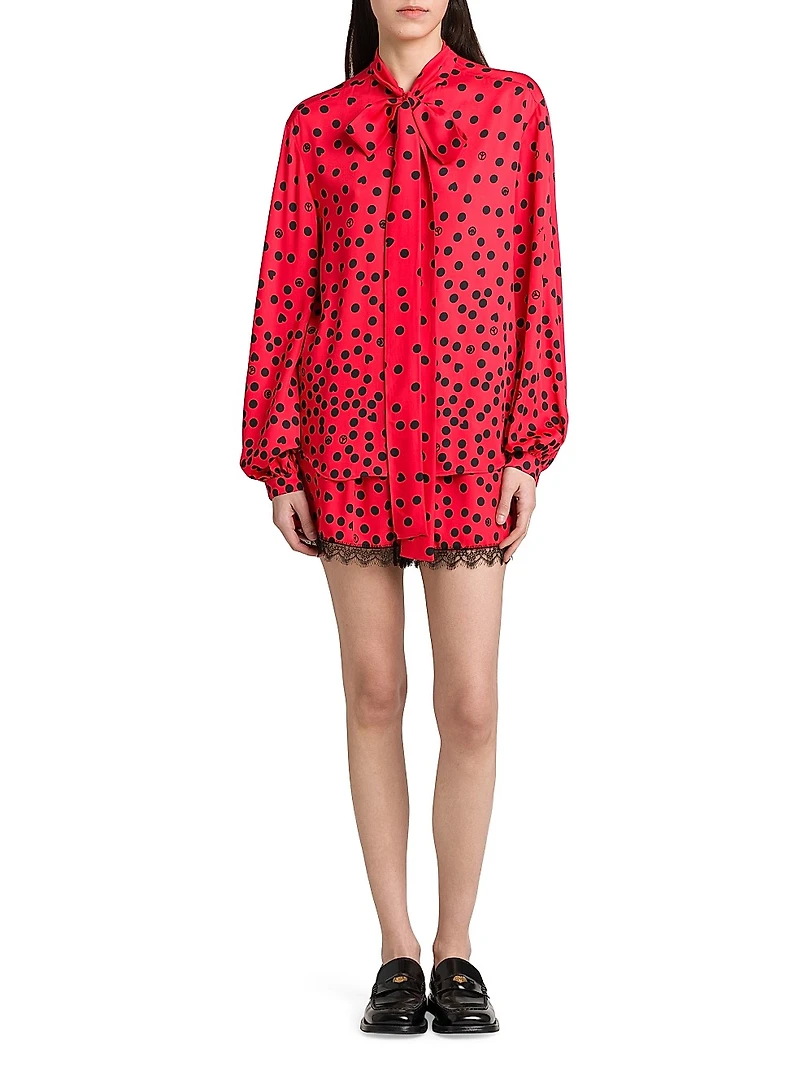 Polka Dot Tie-Neck Blouse