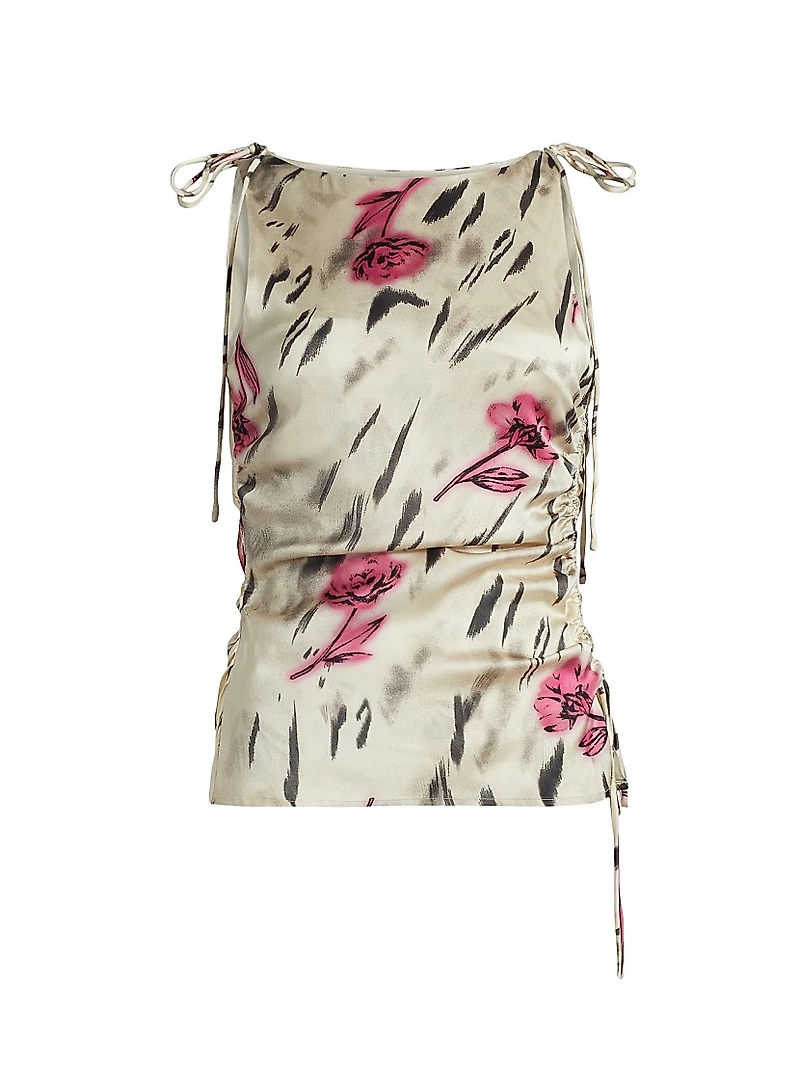 Printed Floral Satin Ruched Top