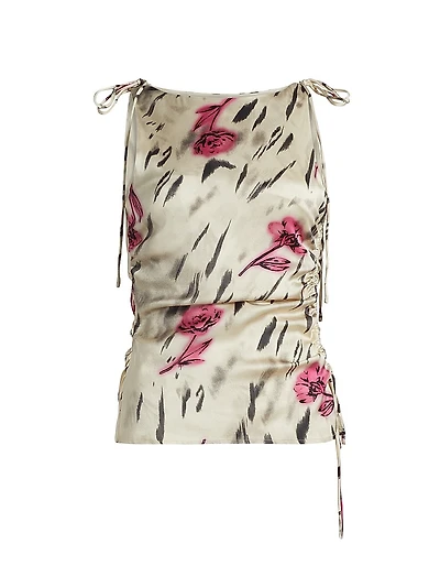 Printed Floral Satin Ruched Top